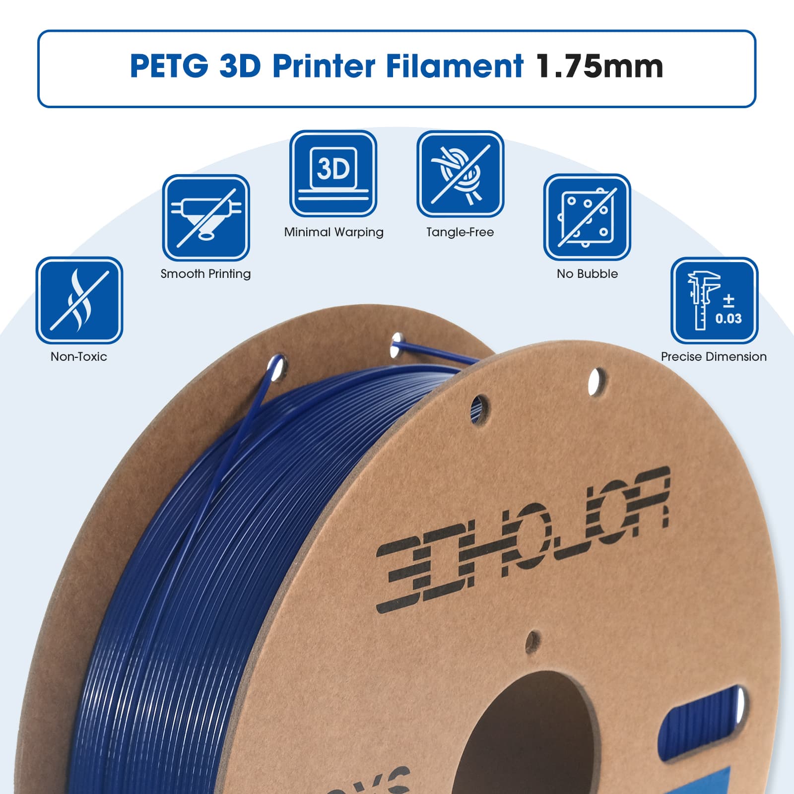 3DHoJor PETG Filament 1.75mm Solid Blue, 3D Printing Filament 1kg Spool(2.2lbs), 3D Filament 1.75mm Dimensional Accuracy +/- 0.03mm Non Tangling Non Clogging Non Stringing,Print with Most 3D Printers…