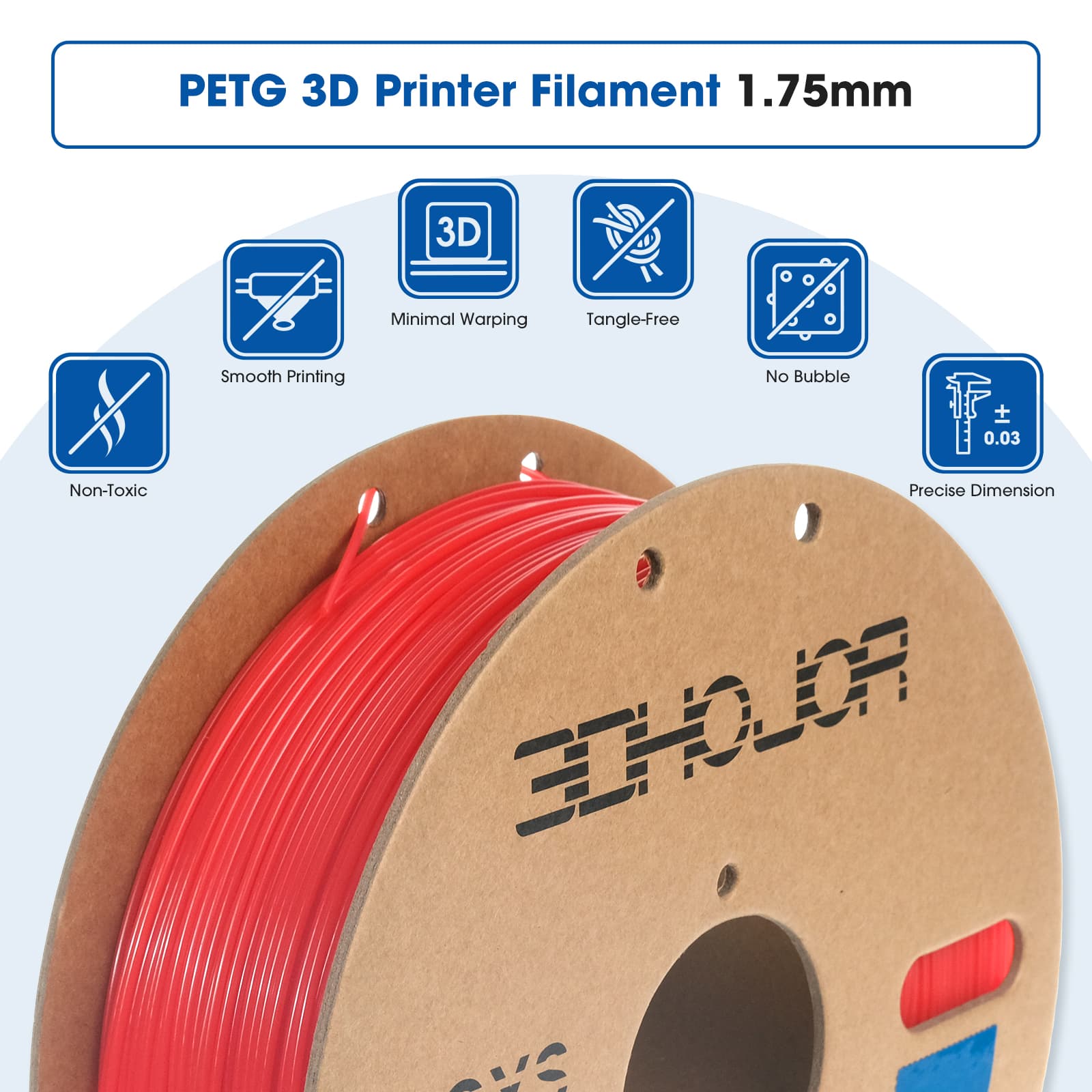 3DHoJor PETG Filament 1.75mm Solid Red, 3D Printing Filament 1kg Spool(2.2lbs), 3D Filament 1.75mm Dimensional Accuracy +/- 0.03mm Non Tangling Non Clogging Non Stringing,Print with Most 3D Printers…