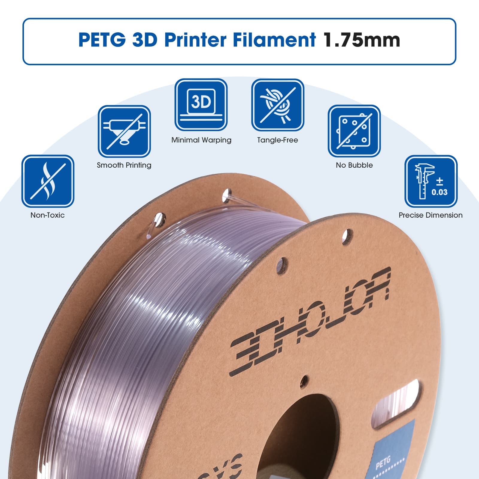 3DHoJor PETG Filament 1.75mm, 2.2 LBS (1KG) Cardboard Spool, Fit Most FDM 3D Printer, Natural