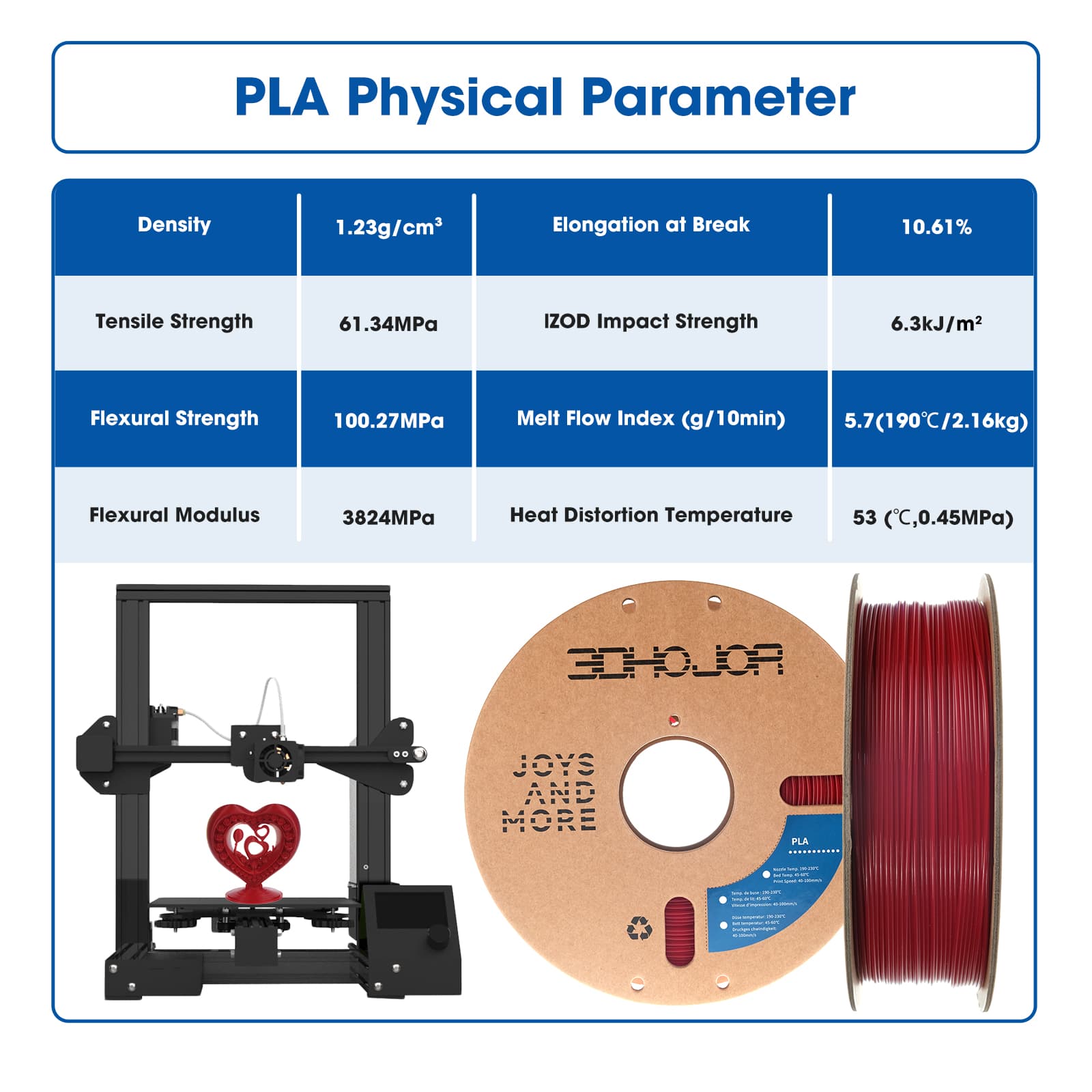 3DHoJor PLA Filament 1.75mm,3D Printer Filament,1kg Cardboard Spool (2.2lbs),Dimensional Accuracy +/- 0.03 mm, Fit Most 3D FDM Printer,Fire Engine Red