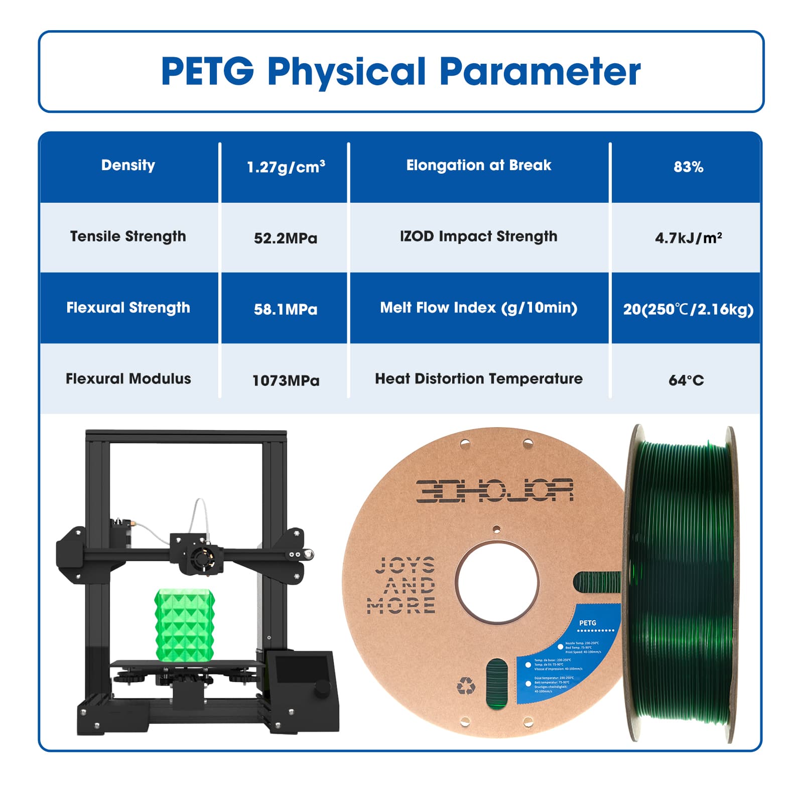3DHoJor PETG Filament 1.75mm, PETG 3D Printing Filament, 2.2 LBS (1KG) Cardboard Spool, Fit Most FDM 3D Printer, Green…