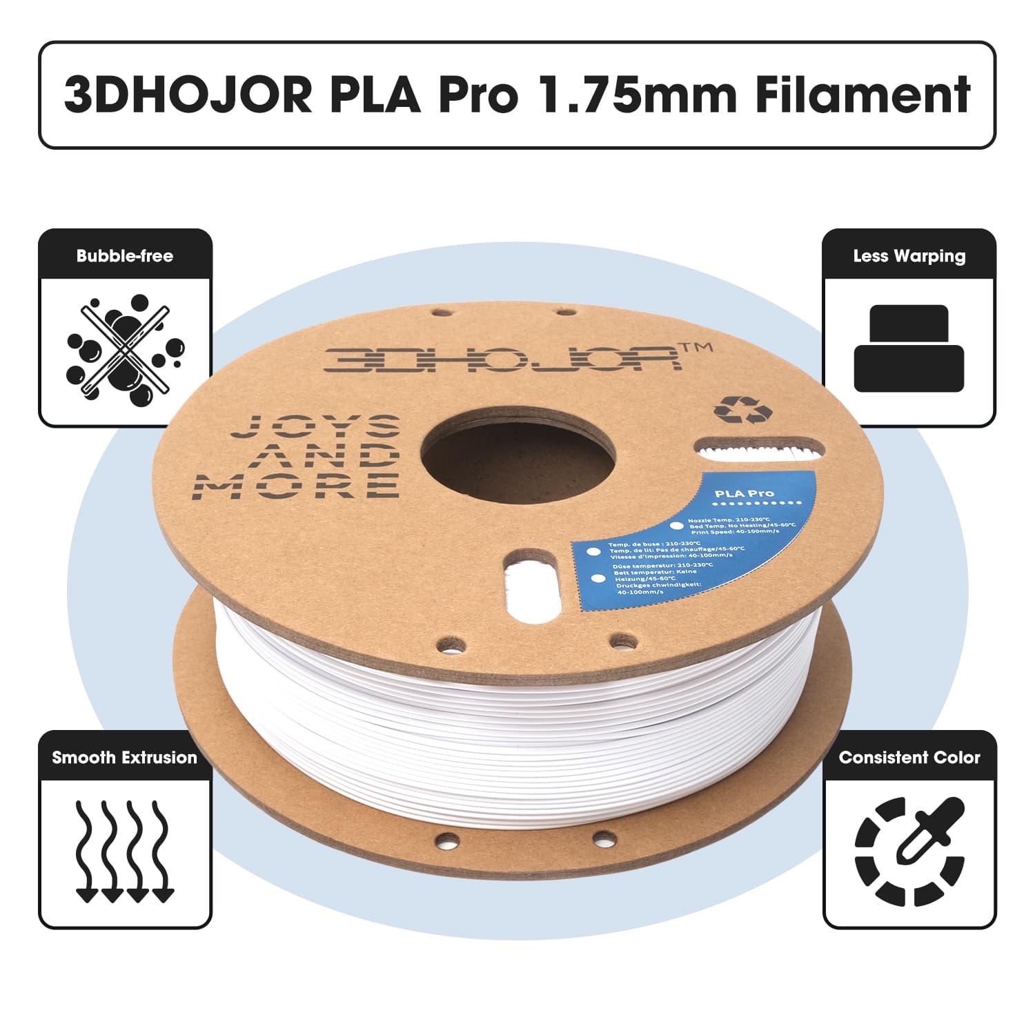 3DHoJor PLA Pro Filament 1.75mm White,3D Printer Filament