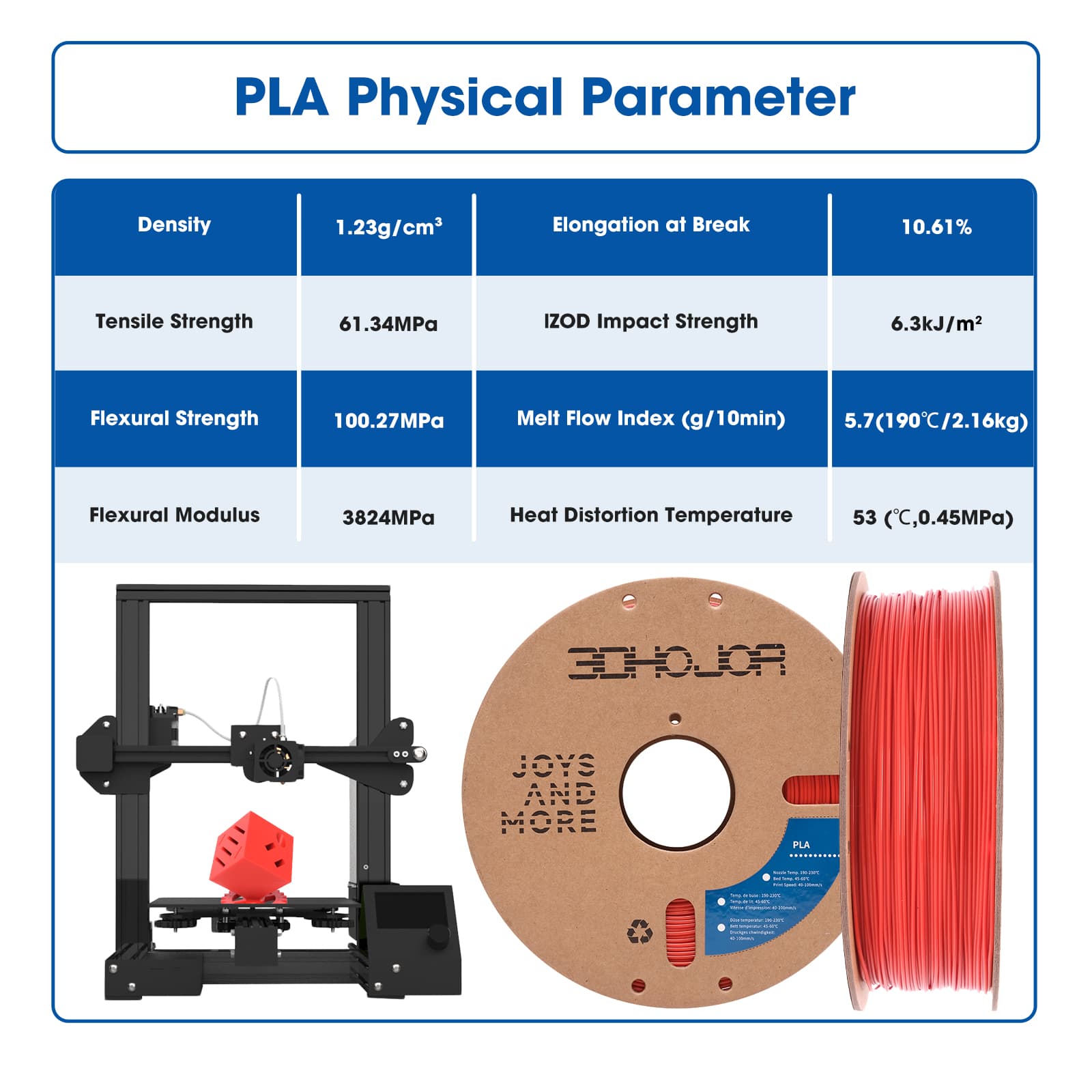 3DHoJor PLA Filament 1.75mm Red,3D Printing Filament,1kg Cardboard Spool (2.2lbs), Fit Most FDM 3D Printer